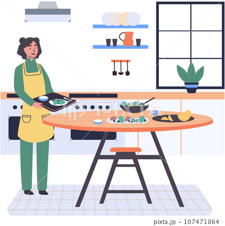 People cooking vegetarian food. Vector illustration. Cute girl cooking homemade meals in kitchen. Cooking dietary dishes. Woman cutting salad ingredients by recipe. Woman preparing salad 107471864