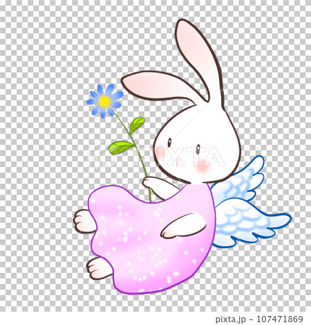 Illustration of an angel rabbit holding a flower 107471869