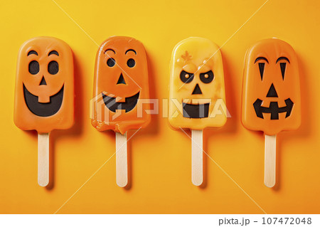 Set of ice cream with halloween character face on orange background. Halloween party background 107472048