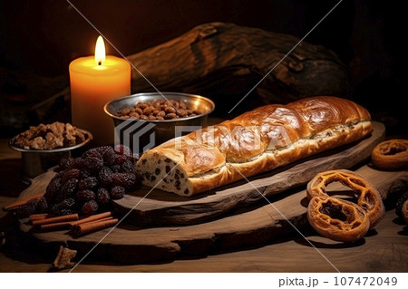 Traditional food for orthodox Christmas eve. Yule log or badnjak, bread, cereals, dried fruits and burning candle on wooden table. 107472049