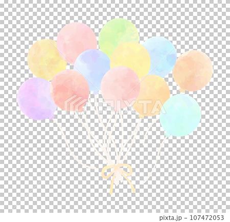彩色氣球綁著絲帶,水彩風格 彩色氣球綁著絲帶,水彩風格 107472053