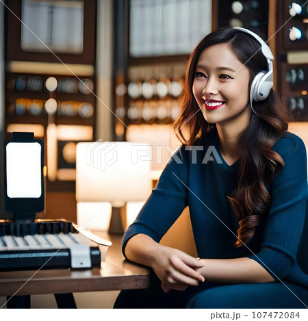 Smiling asian woman in the studio recording a podcast Smiling asian woman in the studio recording a podcast 107472084