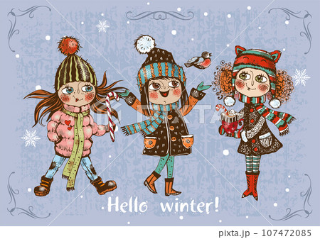 Hello winter. Cute girls in winter. Vector. 107472085