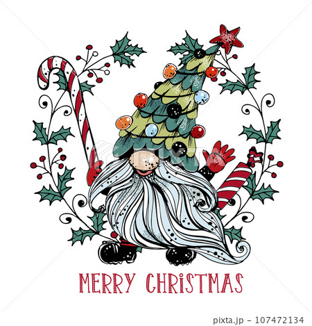 Merry Christmas greeting card. Cute Christmas gnome with gifts in Vector. 107472134