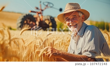 Old farmer mowing wheat in the field smiling 107472148