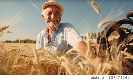Old farmer mowing wheat in the field smiling 107472149