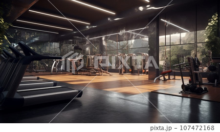 Cinematic shot of interior of an empty gym Cinematic shot of interior of an empty gym 107472168