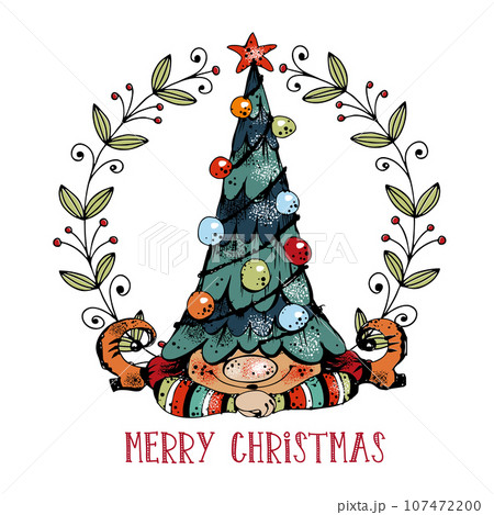 Cute Christmas gnome with gifts in Doodle style. Greeting card. Vector. 107472200