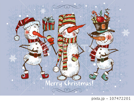 Christmas card. Cute funny snowmen with gifts. Vector. 107472201