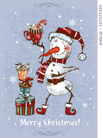 Christmas card. Cute funny snowman with gifts. Vector. 107472202