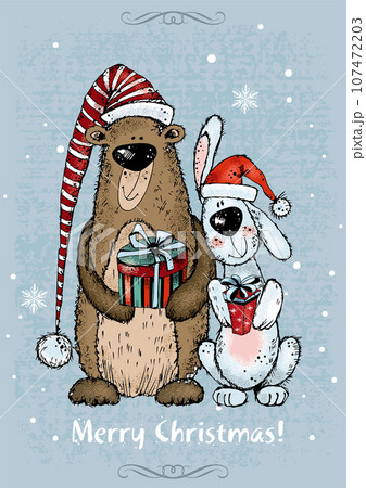 A Christmas card with a cheerful bunny and a teddy bear with gifts. Vector. 107472203