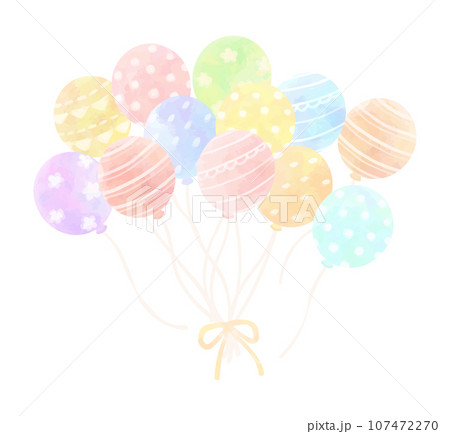 リボンで束ねたカラフルな風船　水彩風　柄あり 107472270