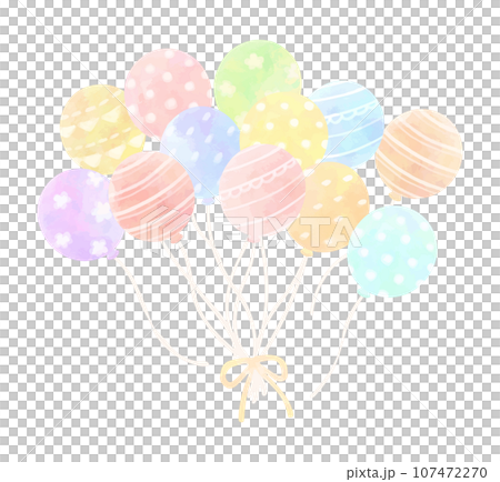 リボンで束ねたカラフルな風船　水彩風　柄あり 107472270