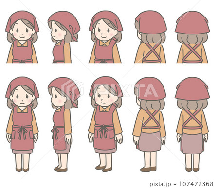 エプロンと三角巾 色々な方向を向く若い女性 エプロンと三角巾 色々な方向を向く若い女性 107472368