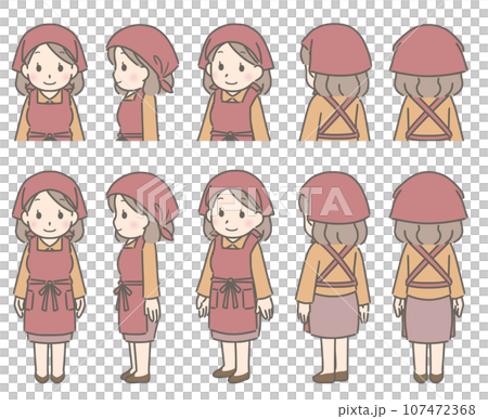 エプロンと三角巾 色々な方向を向く若い女性 エプロンと三角巾 色々な方向を向く若い女性 107472368