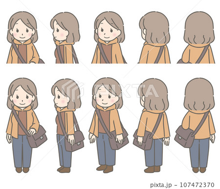 ラフな外出着 色々な方向を向く若い女性 ラフな外出着 色々な方向を向く若い女性 107472370