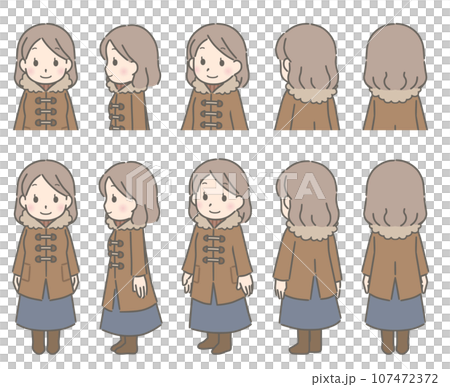 冬用コート　色々な方向を向く若い女性 107472372