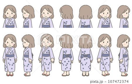 シンプルな浴衣　色々な方向を向く若い女性 107472374