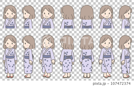 シンプルな浴衣　色々な方向を向く若い女性 107472374