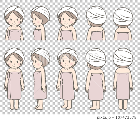 A young woman turns in various directions after taking a bath 107472379