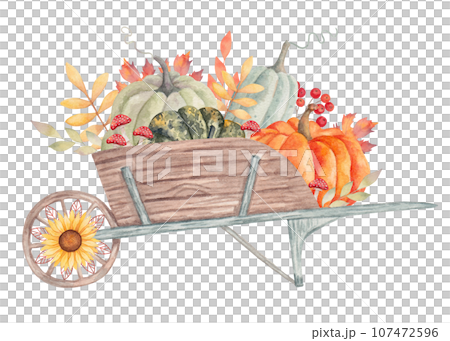 Wooden garden wheelbarrow with pumpkins and leaves, mushrooms and sunflower. Autumn composition for seasonal holidays and Thanksgiving. Harvest concept. Watercolor hand drawn isolated illustration 107472596