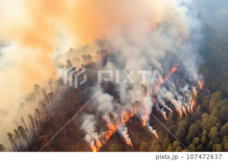 Aerial view of a forest fire. 107472637