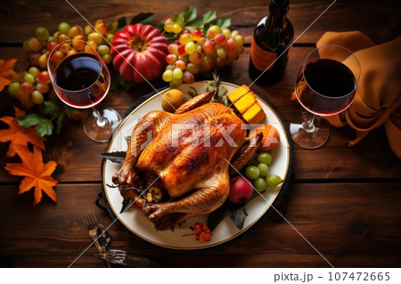 Roast turkey, grapes, pumpkins and red wine. Autumn table in the open air overlooking the autumn landscape. Roast turkey, grapes, pumpkins and red wine. Autumn table in the open air overlooking the autumn landscape. 107472665