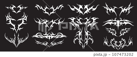 Neo tribal tattoo set, gothic cyber body ornament shapes kit, Celtic vector abstract Hawaiian sign.  107473202