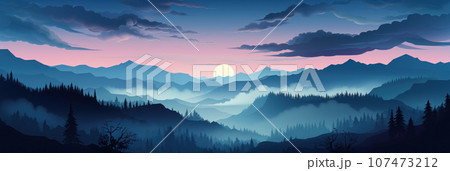 Mysterious fog over the forest tops Mysterious fog over the forest tops 107473212