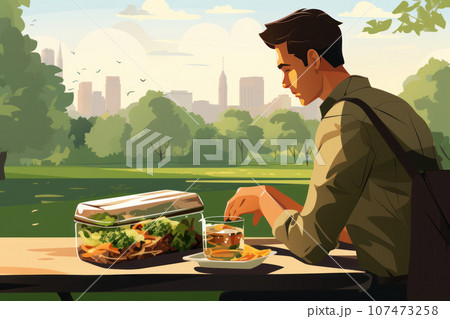 A man eats homemade food from a lunchbox A man eats homemade food from a lunchbox 107473258