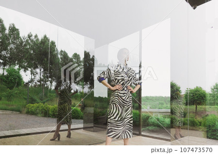 High fashion photo of a beautiful elegant young woman in a pretty zebra print dress posing outdoor. Slim figure High fashion photo of a beautiful elegant young woman in a pretty zebra print dress posing outdoor. Slim figure 107473570