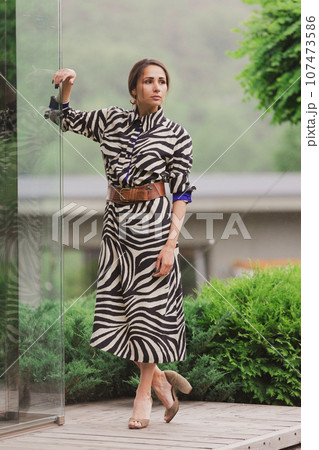 High fashion photo of a beautiful elegant young woman in a pretty zebra print dress posing outdoor. Slim figure 107473586