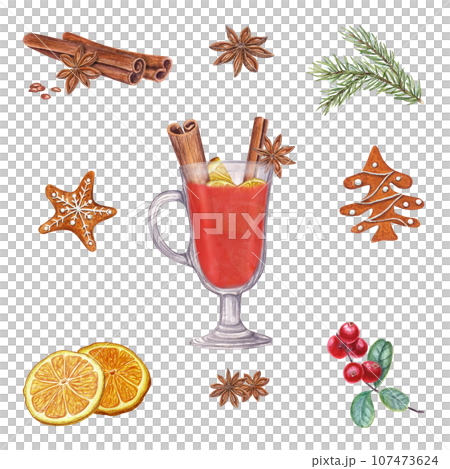 Winter beverage ingredients set. Hot spicy punch. Red berries, spruce branch, Xmas gingerbread cookies. Mulled red wine with cinnamon, star anise, orange. Watercolor illustration Winter beverage ingredients set. Hot spicy punch. Red berries, spruce branch, Xmas gingerbread cookies. Mulled red wine with cinnamon, star anise, orange. Watercolor illustration 107473624