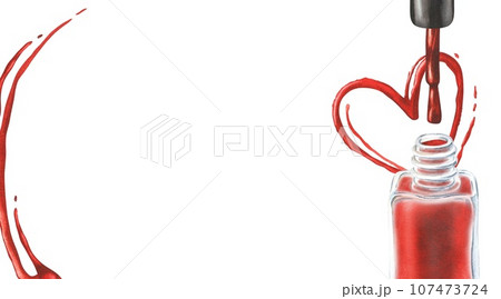 Blank business card for a beauty nail salon. Watercolor illustration. Hand-drawn and isolated on white background. Rectangular frame with space for text. Nail polish, brush and red paint heart Blank business card for a beauty nail salon. Watercolor illustration. Hand-drawn and isolated on white background. Rectangular frame with space for text. Nail polish, brush and red paint heart 107473724