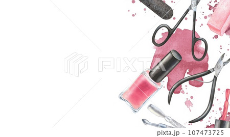 Blank business card for a beauty nail salon. Watercolor illustration. Hand-drawn and isolated on white background. Rectangular frame with space for text. Manicure supplies: nail polish, scissors Blank business card for a beauty nail salon. Watercolor illustration. Hand-drawn and isolated on white background. Rectangular frame with space for text. Manicure supplies: nail polish, scissors 107473725