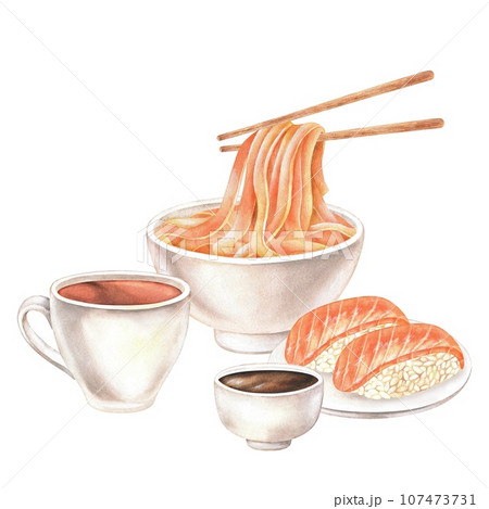 Japanese Food noodles and sushi. Watercolor illustration Isolated on white background. Hand drawn rice ball with salmon. Drawing of Korean cuisine for menu design and printing 107473731