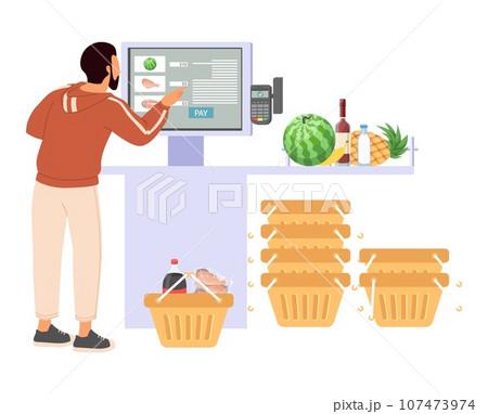 Man using contactless self-service shop store kiosk 107473974