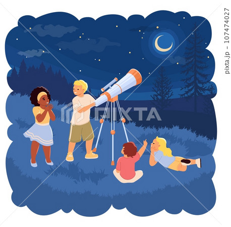Little children looking through telescope into starry sky 107474027