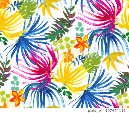 modern bright seamless pattern with tropical palm leaves and colorful dried flowers for fashion textiles modern bright seamless pattern with tropical palm leaves and colorful dried flowers for fashion textiles 107474111