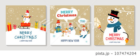 set gold Christmas cards. With snowman, snowflakes and gift. 107474204