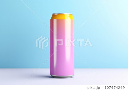 Pink Aluminum energy drink soda can on a blue background Pink Aluminum energy drink soda can on a blue background 107474249