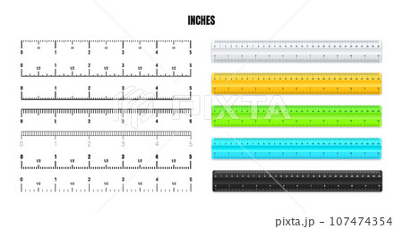 Realistic plastic rulers with black inch scale for measuring length or height. Various measurement scales with divisions. Ruler, tape measure marks, size indicators. Vector illustration 107474354