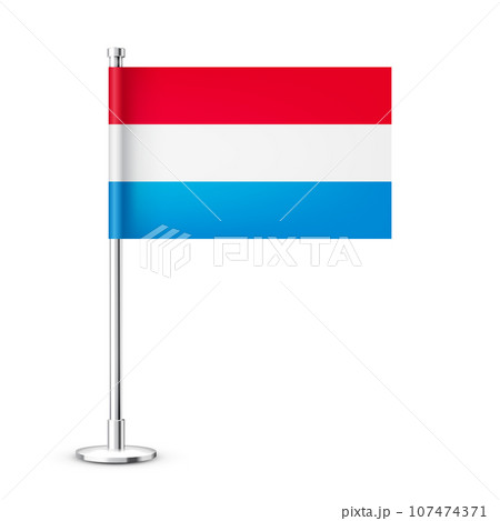 Luxembourgish table flag on a silver steel pole. Souvenir from Luxembourg. Desk flag made of paper or fabric, shiny metal stand. Mockup for promotion and advertising. Vector illustration 107474371