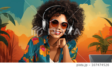 Woman conducts a podcast Woman conducts a podcast 107474526