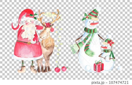 Set of two Christmas illustrations with cute snowman family and Santa Claus with a reindeer. Hand drawn watercolor illustrations isolated on white background. Good for Christmas cards and New Year's 107474721