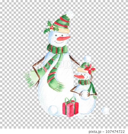 Christmas illustration with cute snowman family, present and snowballs. Hand drawn watercolor illustration isolated on white background. Perfect for greeting Christmas and New Year cards, kids design 107474722