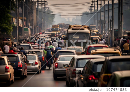 traffic jams on the roads of India. a large number of cars, pedestrians and mopeds 107474888