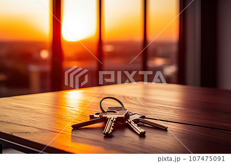New Apartment Keys Rest on Table Amid Sunset Glow and Expansive Windows. created with Generative AI 107475091