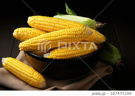 Freshly Cut Corn Cobs Nestled in a Bowl against a Dramatic Black Background. created with Generative AI 107475100