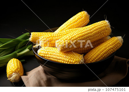 Freshly Cut Corn Cobs Nestled in a Bowl against a Dramatic Black Background. created with Generative AI 107475101